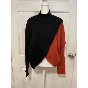 NEW Cropped Color Block Mock Ribbed Knit Pullover Sweater Black Orange XL Cupshe
